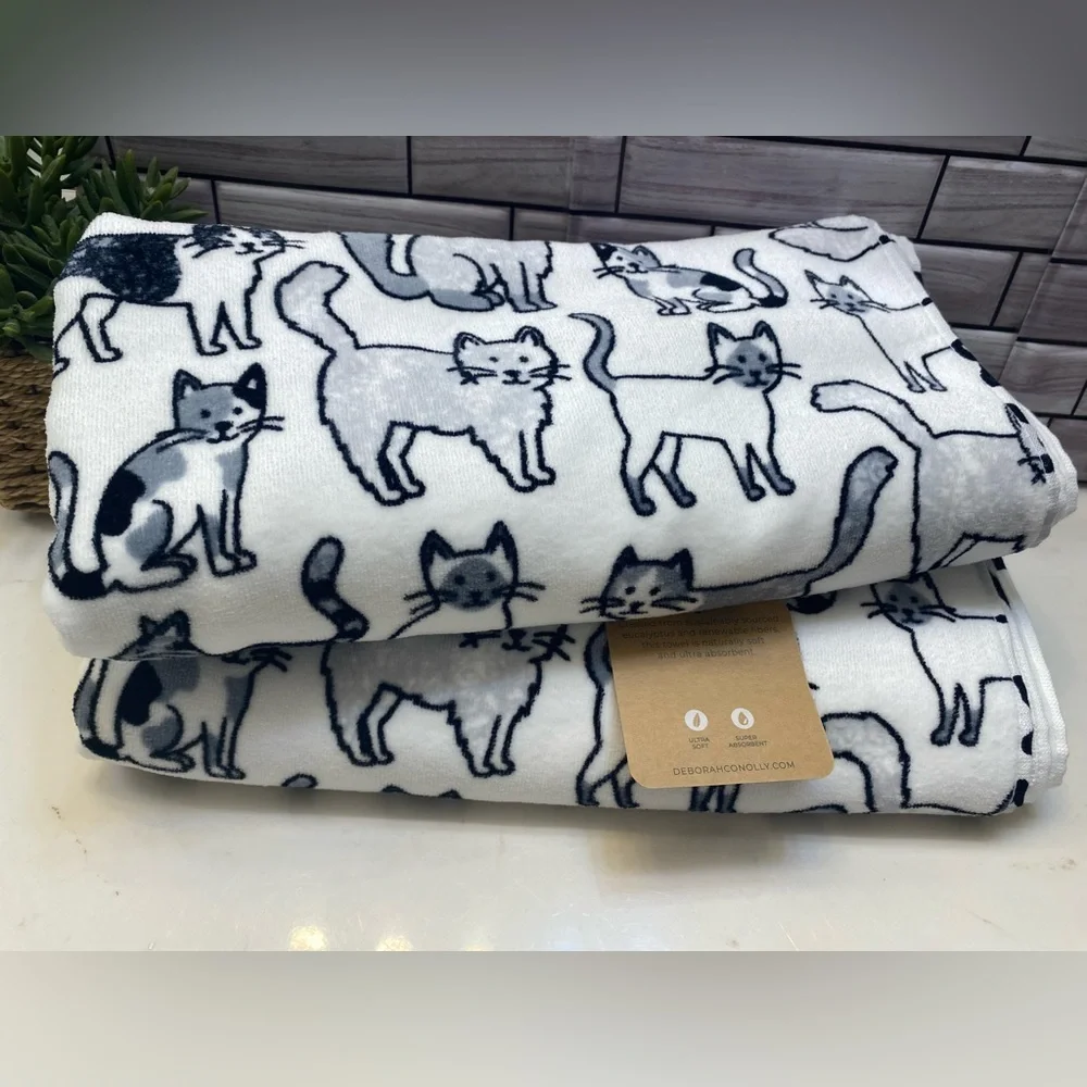 DC Designs ❤️ Ultra soft Cat pattern (2) Bath Towels set Black & White NWT